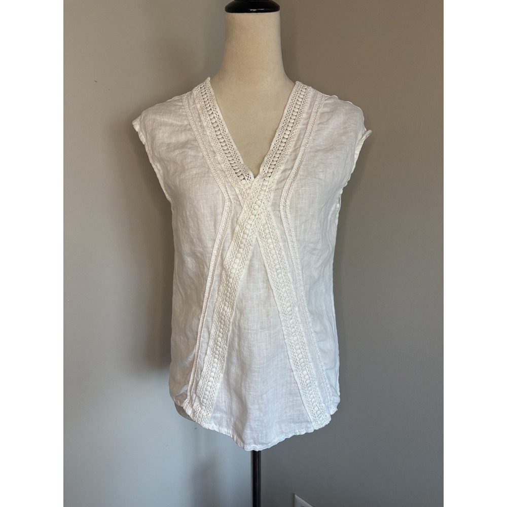 Elena Baldi White Linen Top Lace Crochet Cap Sleeve VNeck Boho Beach Italy Small